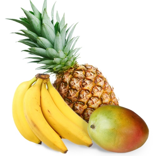 b. Banaan, mango, ananas.
